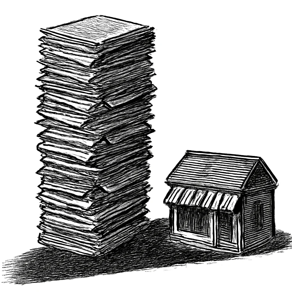 Illustration: a towering stack of legal documents casting a shadow over a small building