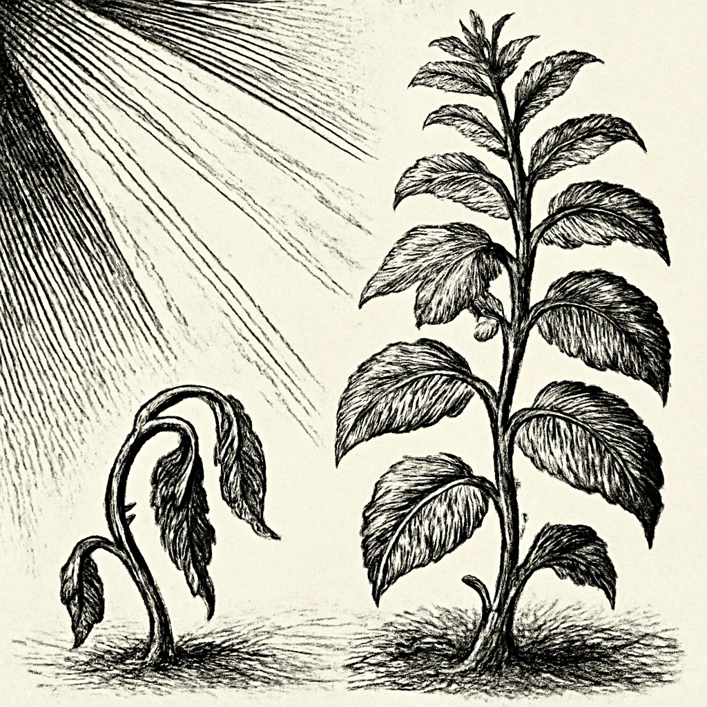 Illustration: a withered plant springing back to life in a beam of sunlight