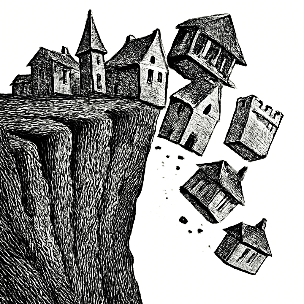 Illustration: buildings teetering on a cliff edge