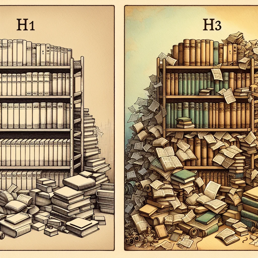 Illustration: a neatly organized bookshelf with properly ordered books next to a chaotic messy pile where all the books are jumbled