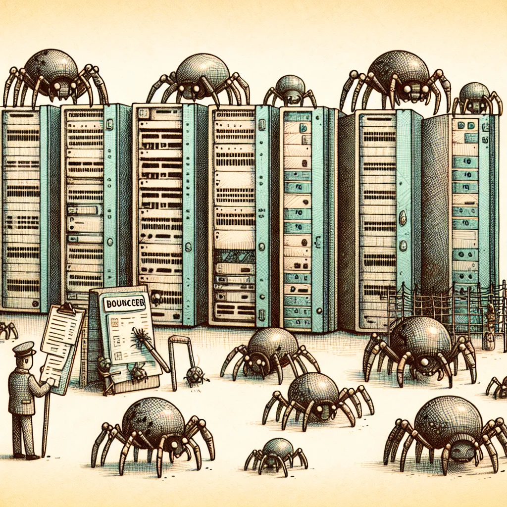 Illustration: tiny robot spiders approaching a website server while a bouncer checks a guest list clipboard
