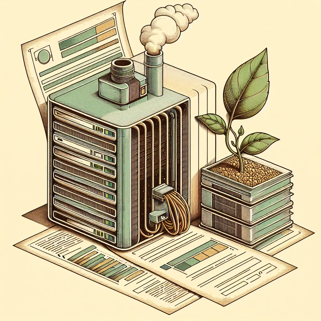Illustration: a computer monitor with a small chimney on top emitting a thin trail of smoke next to a small plant growing from an efficiently coded page
